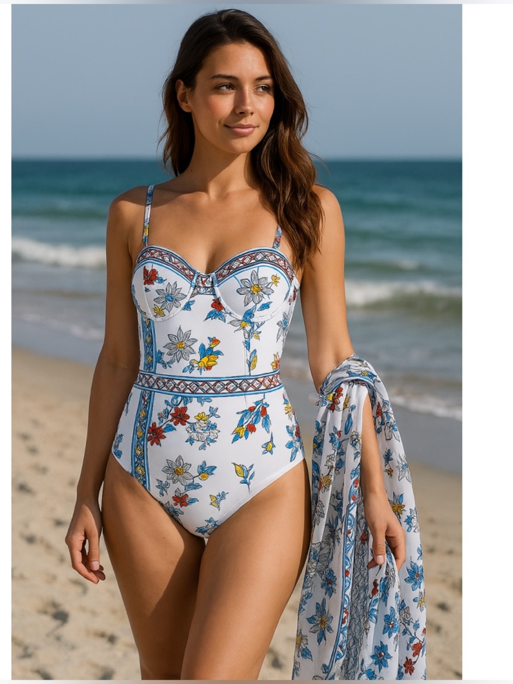 Floral White One-Piece Swimsuit with Scarf